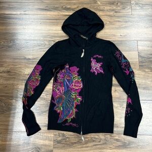 ED HARDY | Christian Audigier Peacock crystal zip-up hooded sweater RARE Y2K